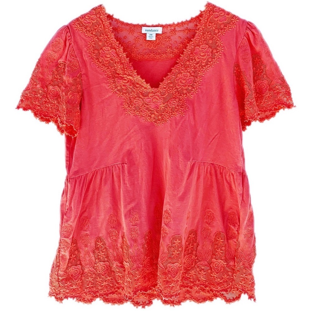 SUNDANCE Coral/Orange La Vida Lace V-Neck T-Shirt Blouse